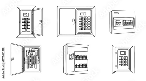 breaker box , six black Continuous Line Art (Single Line) vector set collection , white background , PNG and SVG