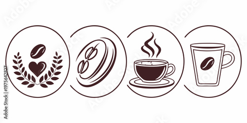 Assorted coffee cups with latte art and coffee beans