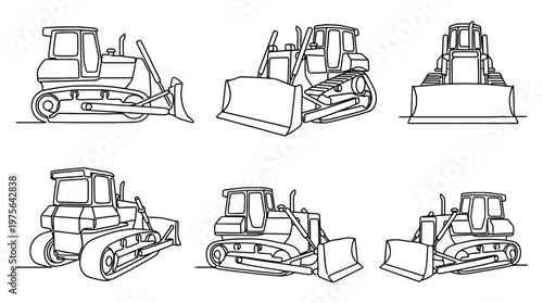 bulldozer , six black Continuous Line Art (Single Line) vector set collection , white background , PNG and SVG
