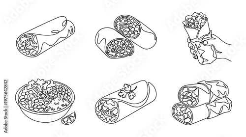 burrito , six black Continuous Line Art (Single Line) vector set collection , white background , PNG and SVG