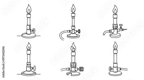 bunsen burner , six black Continuous Line Art (Single Line) vector set collection , white background , PNG and SVG