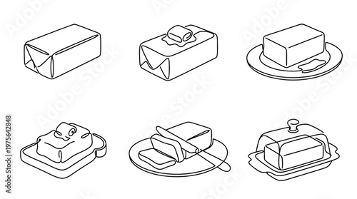 butter , six black Continuous Line Art (Single Line) vector set collection , white background , PNG and SVG