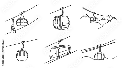 cable car , six black Continuous Line Art (Single Line) vector set collection , white background , PNG and SVG