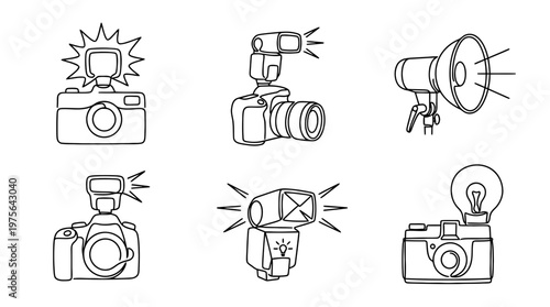 camera flash , six black Continuous Line Art (Single Line) vector set collection , white background , PNG and SVG