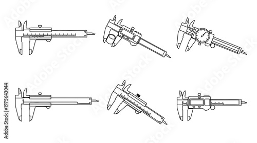 caliper , six black Continuous Line Art (Single Line) vector set collection , white background , PNG and SVG