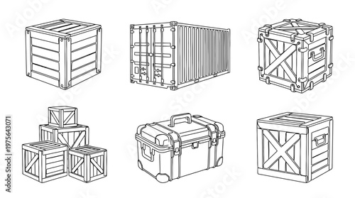 cargo crate , six black Continuous Line Art (Single Line) vector set collection , white background , PNG and SVG