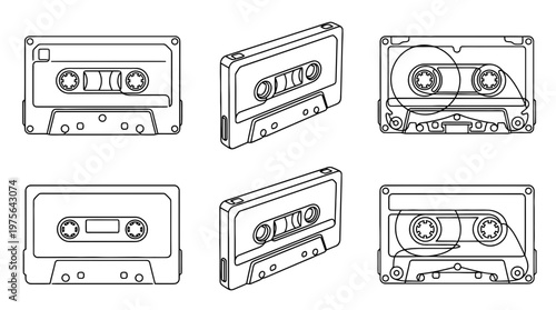 cassette tape , six black Continuous Line Art (Single Line) vector set collection , white background , PNG and SVG