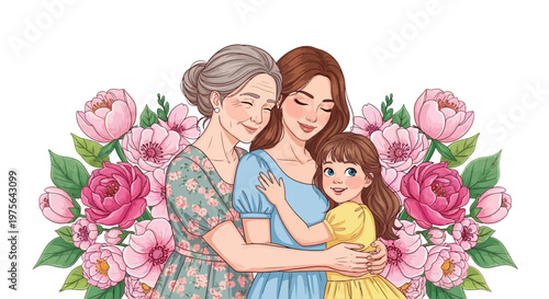 Three generations of women embrace in a loving family illustration
