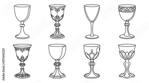 chalice , six black Continuous Line Art (Single Line) vector set collection , white background , PNG and SVG