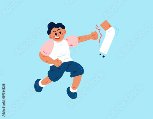 Protection concept from cigarette smoke. Children safe from cigarettes. Anti-smoking. Illustration of a boy hitting a cigarette. Metaphor, element, flat vector style, blue background.