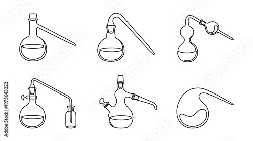 chemistry retort , six black Continuous Line Art (Single Line) vector set collection , white background , PNG and SVG