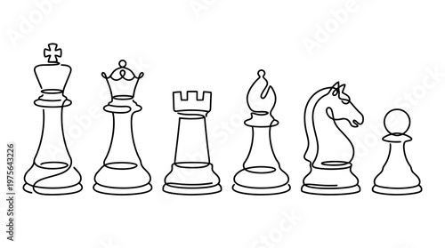 chess piece , six black Continuous Line Art (Single Line) vector set collection , white background , PNG and SVG