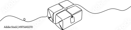 Continuous one line drawing of a square gift parcel with a hanging tag.