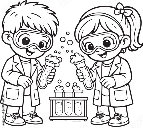 Delightful black-and-white coloring page for children featuring a boy and girl dressed as little scientists, each holding a test tube filled with bubbling liquid. Perfect for introducing kids 