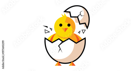 A cute yellow chick is emerging from a cracked eggshell
