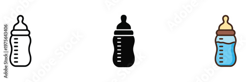 baby feeding bottle icon set with line, solid and filled outline colorful style, simple baby bottle symbol, minimal vector design for parenting, childcare, nursery, infant care applications.