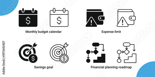 Financial planning budgeting icons for money management investment goals and economic stability