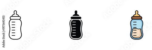 baby feeding bottle icon set with line, solid and filled outline colorful style, simple baby bottle symbol, minimal vector design for parenting, childcare, nursery, infant care applications.