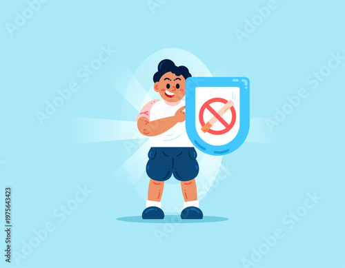 Protection concept from cigarette smoke. Children safe from cigarettes. Anti-smoking. Illustration of a child using a shield to protect himself from cigarettes. Metaphor, element, flat vector style
