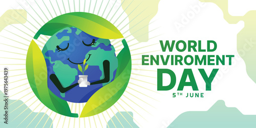 World enviroment day - Globe charecter hold plant in three leaf circle around vector design