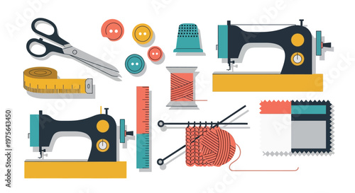 Colorful illustration of sewing tools fabrics and crafting supplies