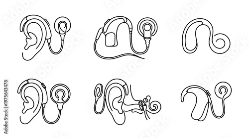 cochlear implant , six black Continuous Line Art (Single Line) vector set collection , white background , PNG and SVG
