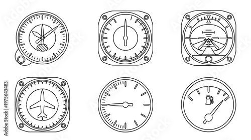 cockpit dashboard , six black Continuous Line Art (Single Line) vector set collection , white background , PNG and SVG