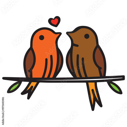 Two lovebirds on branch with heart above. Romance, couple, birds in love, Valentine's Day symbol, togetherness illustration, nature romance concept.