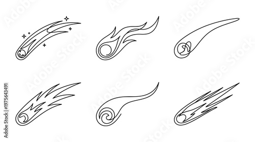 comet , six black Continuous Line Art (Single Line) vector set collection , white background , PNG and SVG
