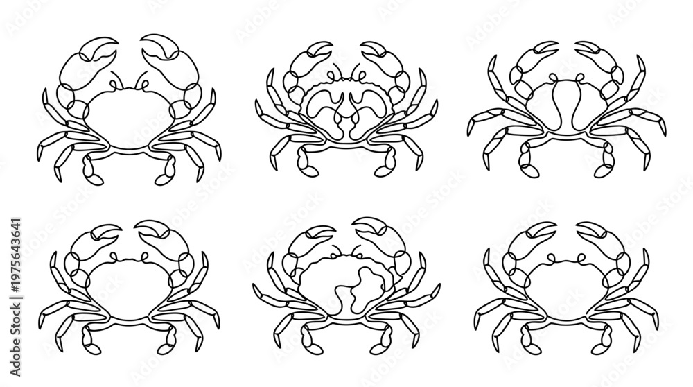 Obraz premium crab , six black Continuous Line Art (Single Line) vector set collection , white background , PNG and SVG
