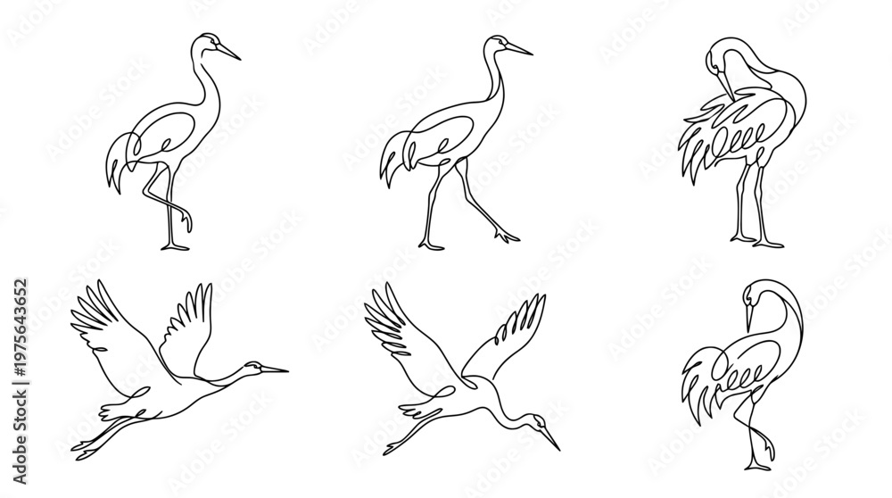 Obraz premium crane , six black Continuous Line Art (Single Line) vector set collection , white background , PNG and SVG