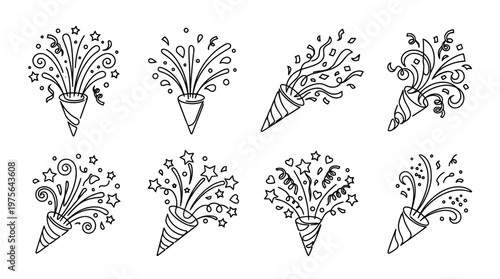 confetti popper , six black Continuous Line Art (Single Line) vector set collection , white background , PNG and SVG