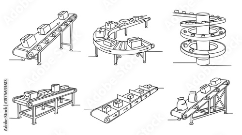 conveyor belt , six black Continuous Line Art (Single Line) vector set collection , white background , PNG and SVG