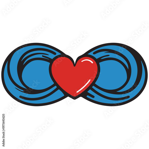 Two blue rings intertwined with red heart center. Wedding rings, marriage, commitment, infinity love symbol, engagement illustration, unity concept.
