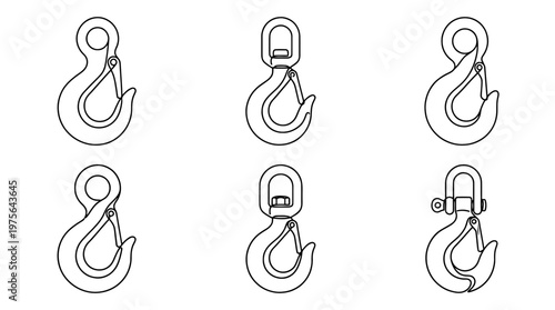 crane hook , six black Continuous Line Art (Single Line) vector set collection , white background , PNG and SVG