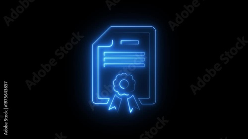 Neon Patent icon isolated on black background. HD Video motion graphic animation, a neon-style illustration of a certificate or document. The illustration is outlined in a bright blue glow. 4k video
