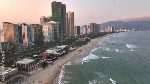 Da Nang coastal city at morning, cityscape with a long Beach, Crowded urban Coastline. Sea vacation, traveliving Vietnam