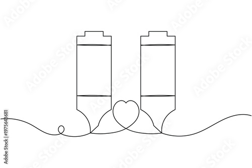 Two marker pen with love icon continuous one line art single drawing on white background minimalist office and school equipment symbol outline vector illustration