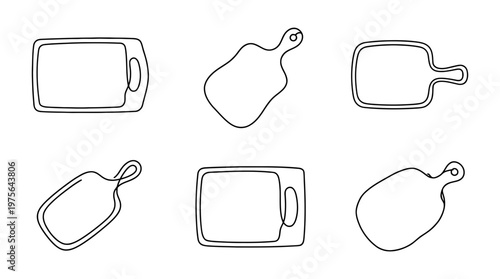 cutting board , six black Continuous Line Art (Single Line) vector set collection , white background , PNG and SVG