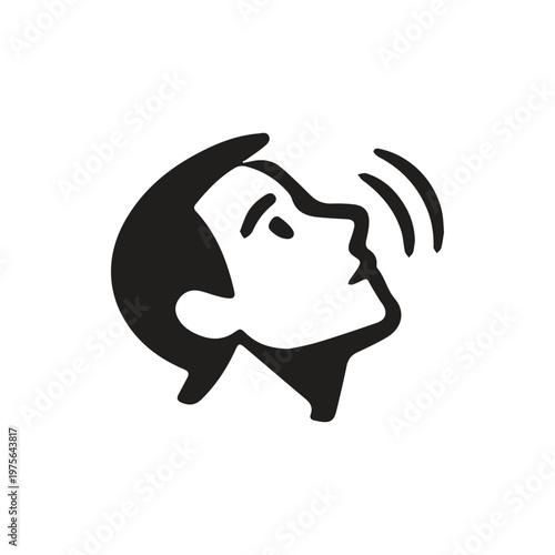 Expressive human profile speaking with radiating sound waves symbolizing active vocalization