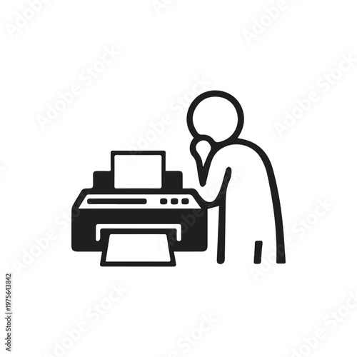 A thoughtful person troubleshooting or waiting for documents from a busy office printer