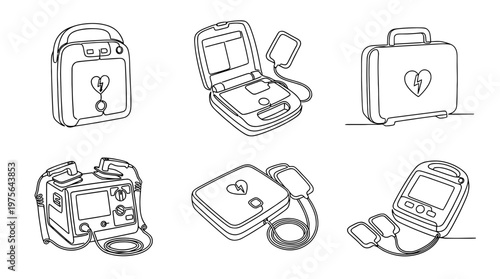 defibrillator , six black Continuous Line Art (Single Line) vector set collection , white background , PNG and SVG