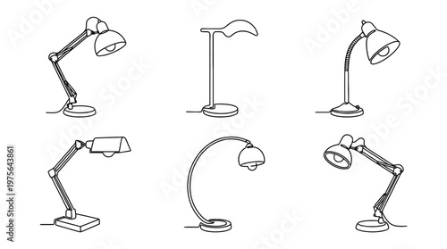 desk lamp , six black Continuous Line Art (Single Line) vector set collection , white background , PNG and SVG