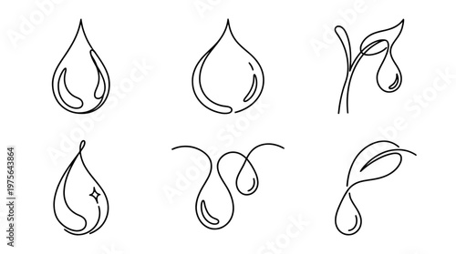 dewdrop , six black Continuous Line Art (Single Line) vector set collection , white background , PNG and SVG
