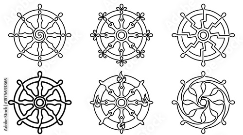 dharma wheel , six black Continuous Line Art (Single Line) vector set collection , white background , PNG and SVG