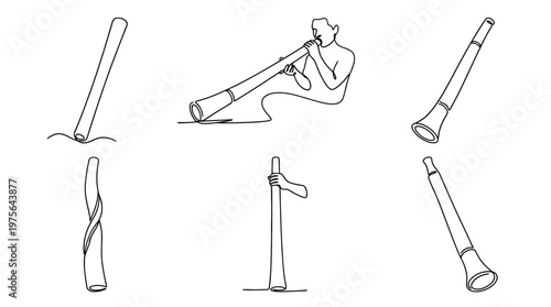 didgeridoo , six black Continuous Line Art (Single Line) vector set collection , white background , PNG and SVG