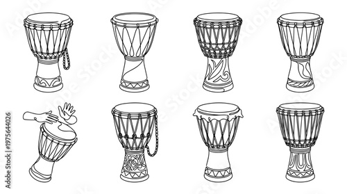 djembe , six black Continuous Line Art (Single Line) vector set collection , white background , PNG and SVG