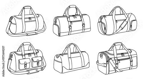 duffle bag , six black Continuous Line Art (Single Line) vector set collection , white background , PNG and SVG