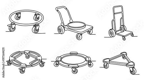 drum dolly , six black Continuous Line Art (Single Line) vector set collection , white background , PNG and SVG
