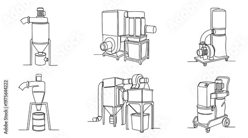 dust collector , six black Continuous Line Art (Single Line) vector set collection , white background , PNG and SVG